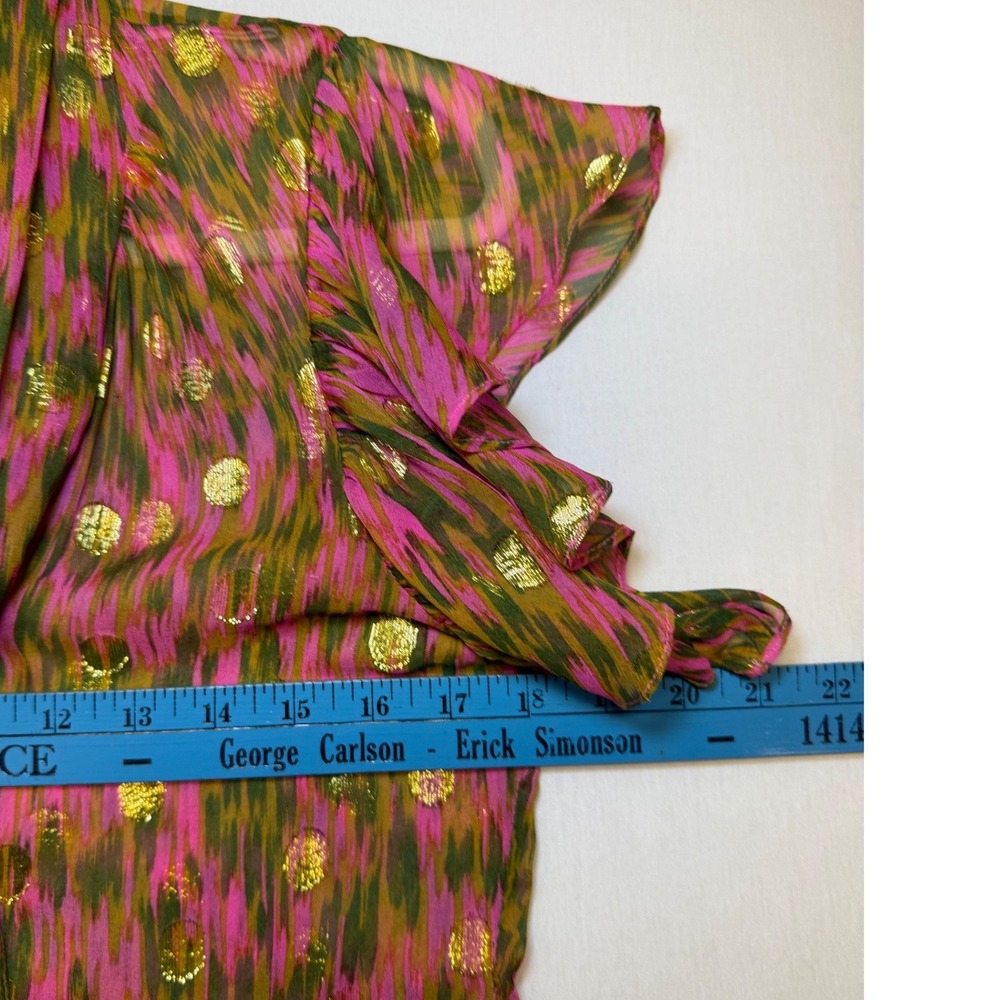 Milly of New York Silk Tie Neck Ruffle Blouse Pink Green Gold Metallic Luxe  2 - Picture 6 of 10